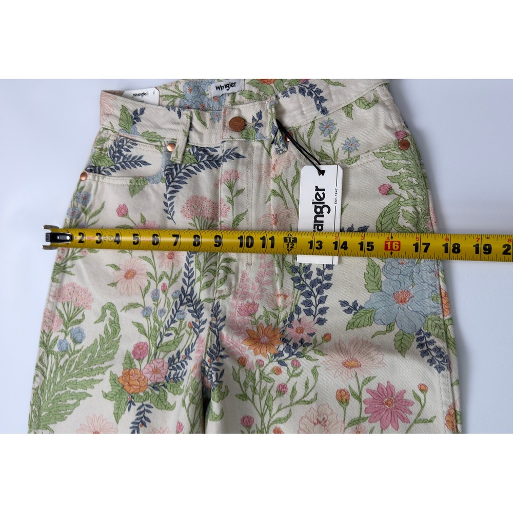 Wrangler Floral Flare Jeans Womens 27 Cream Botanical Print 70s Boho Bell Bottom - Picture 16 of 16